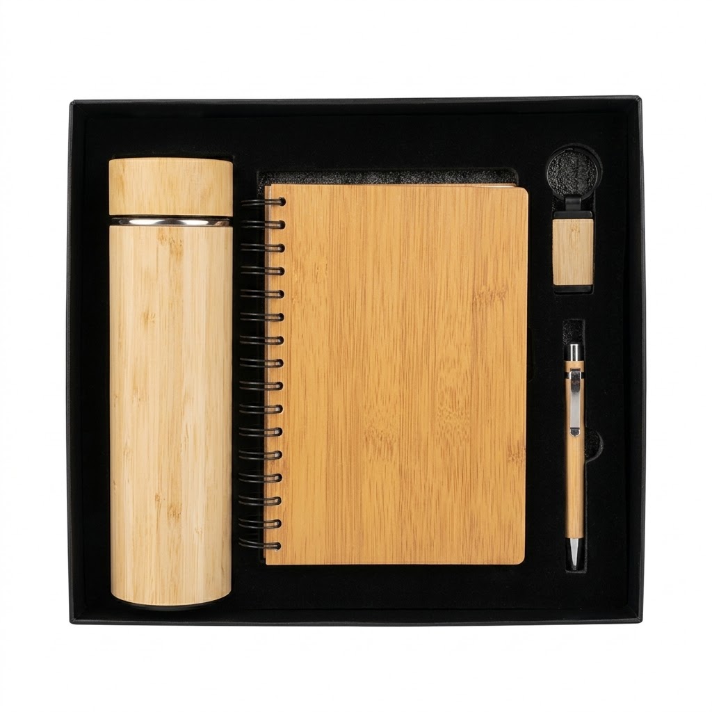COFFRET DE 4 EN BAMBOU / BOIS ( BLOC NOTE + GOURDE THERMOS + PORTE CLE + STYLO DE LUXE ) - PREMIUM | PEMBO Sarl