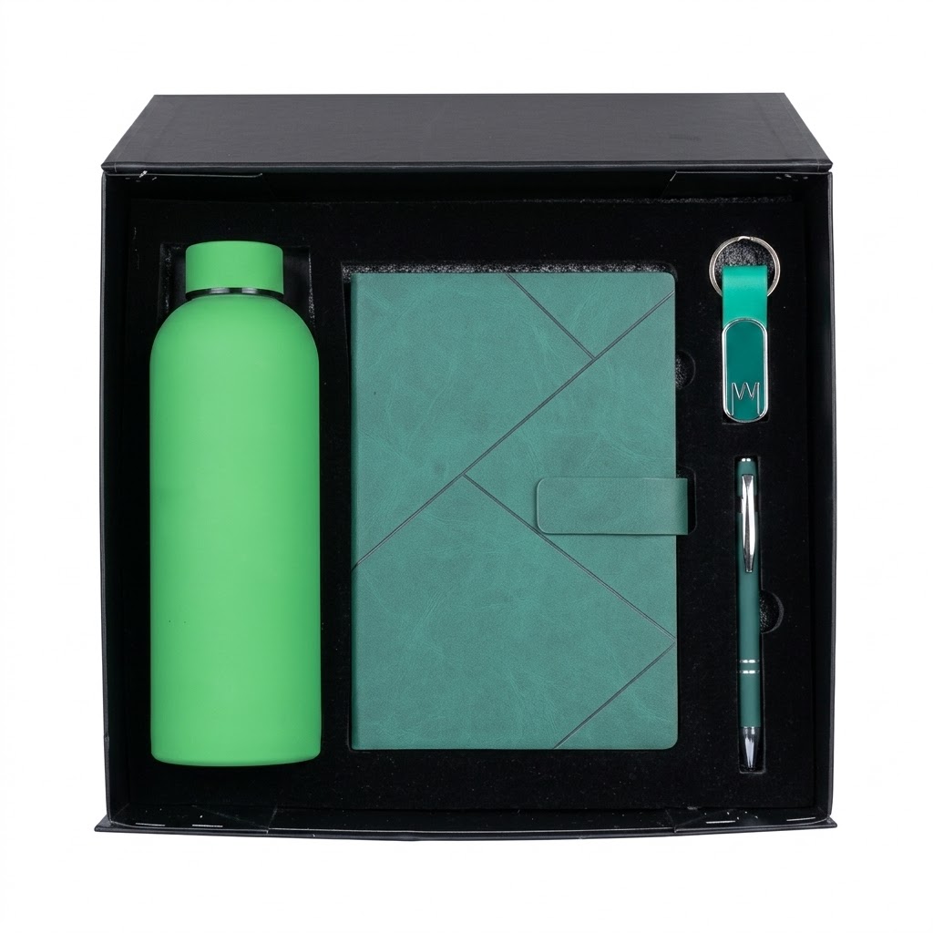 COFFRET DE 4 VERT ( BLOC NOTE + GOURDE THERMOS + STYLO DE LUXE + PORTE CLE)
