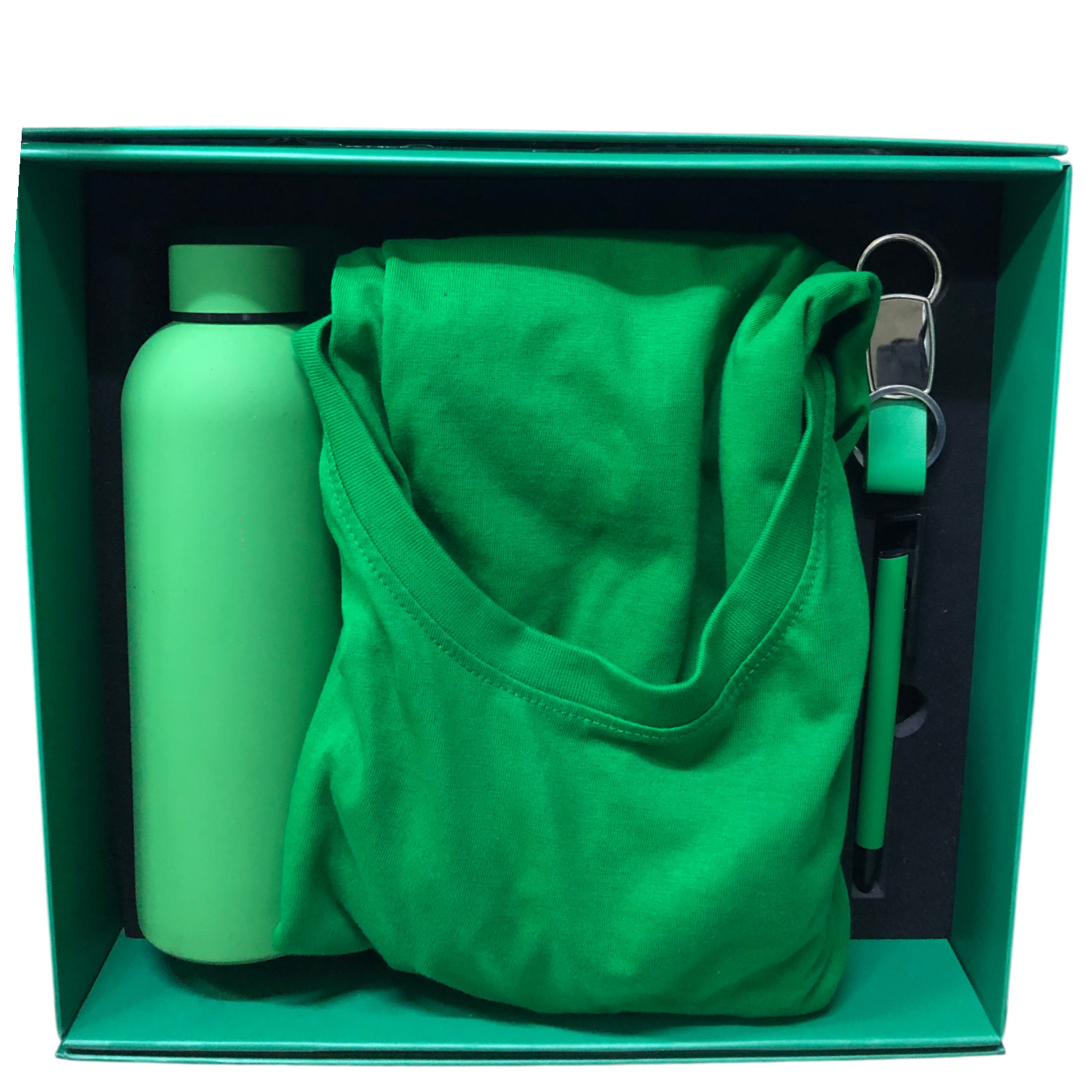 COFFRET DE 4 VERT ( T SHIRT + GOURDE THERMOS + PORTE CLE + STYLO DE LUXE )