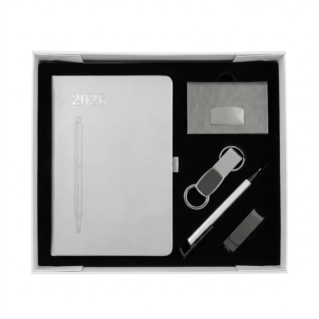 COFFRET DE 5 GRIS ( AGENDA + PORTE CARTE DE VISITE + STYLO DE LUXE + PORTE CLE + CLE USB)