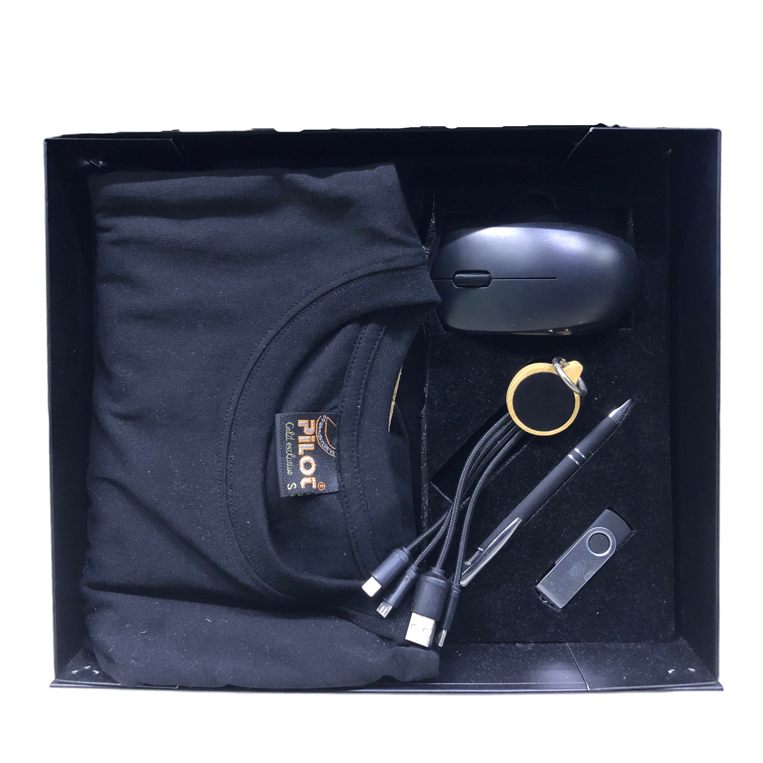 COFFRET DE 5 NOIR ( T-SHIRT + SOURIS SANS FIL + PORTE CLE LUMINEUX CORDONS + CLE USB + STYLO DE LUXE )