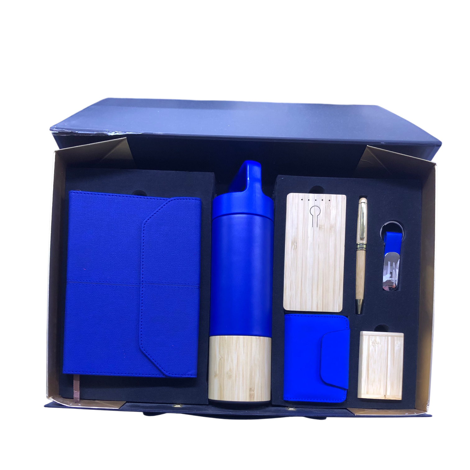 COFFRET DE 7 VIP BLEU ( BLOC NOTE + GOURDE THERMOS + POWER BANK + PORTE CARTE DE VISITE + COFFRET CLE USB BAMBOU + STYLO DE LUXE + PORTE CLE)