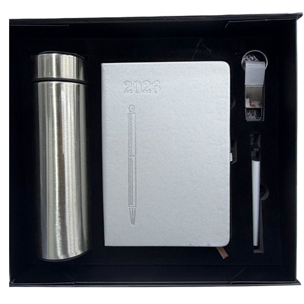 COFFRET GRIS (AGENDA + GOURDE THERMOS + STYLO DE LUX +  PORTE CLE)