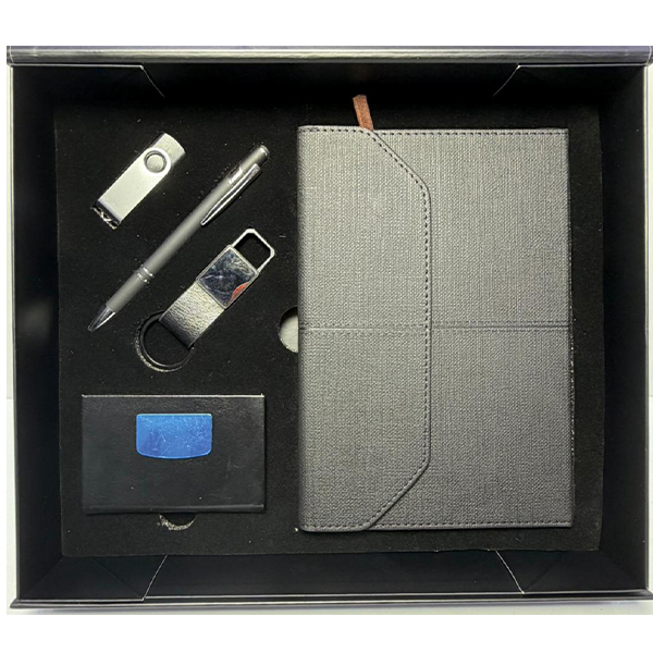 COFFRET GRIS (BLOC NOTE + PORTE CARTE DE VISITE + STYLO DE LUX + CLE USB +  PORTE CLE)