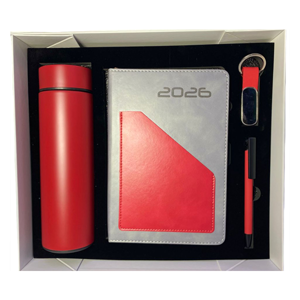 COFFRET ROUGE(AGENDA + GOURDE THERMOS + STYLO DE LUX + PORTE CLE)