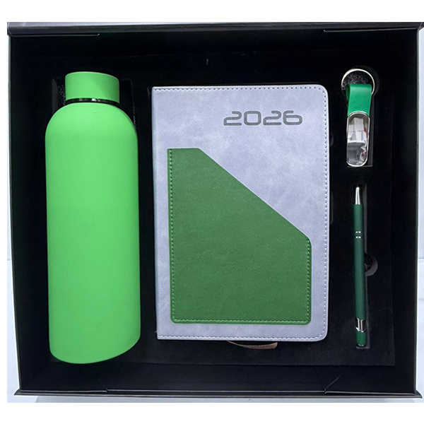 COFFRET VERT(AGENDA + GOURDE THERMOS + STYLO DE LUX +  PORTE CLE)