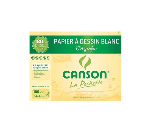 PAPIER A DESSIN BLANC CANSON "C" à Grain, 12 feuilles, (24 x 32 cm) 180g/m²